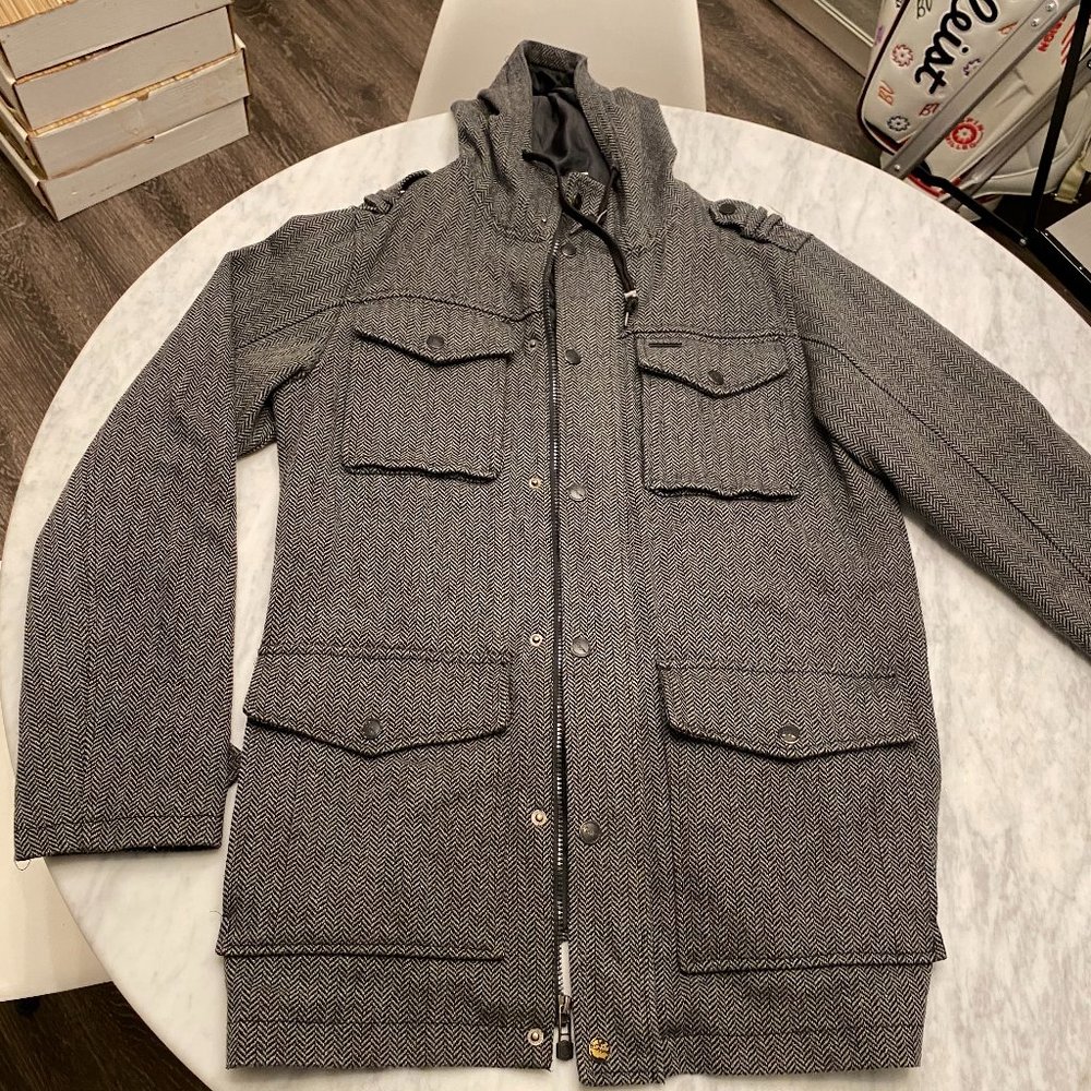 Empyre Men's Lg 6 Pocket Coat- Gry/Blk Herringbone